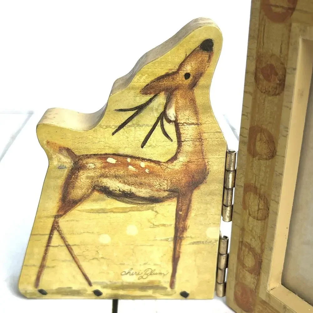 Vintage 2001 Cheri Blum Holidays Hinged Picture Frame Deer Fawn Wood Tone Nature